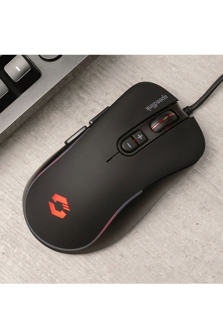 سبيدلينك ماوس ألعاب سلكي من ASSERO - 5 أزرار - 3200 نقطة في البوصة حتى 6400 نقطة في البوصة / 12 جم / 32 بوصة في الثانية / 125 هرتز مستشعر بصري - إضاءة خلفية RGB ملونة - كابل USB مضفر بطول 1.5 متر للكمبيوتر الشخصي والكمبيوتر المحمول والألعاب والمكتب | أسود - Image 3